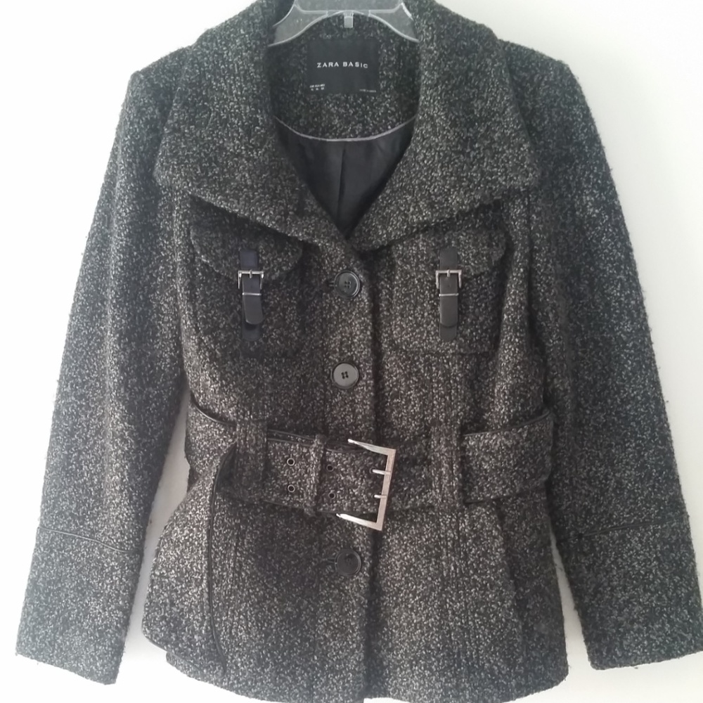 ZARA BASIC Wool Pea Coat SHARP Tweed Blazer w/ Buckle Belt Trench -like Trend XL